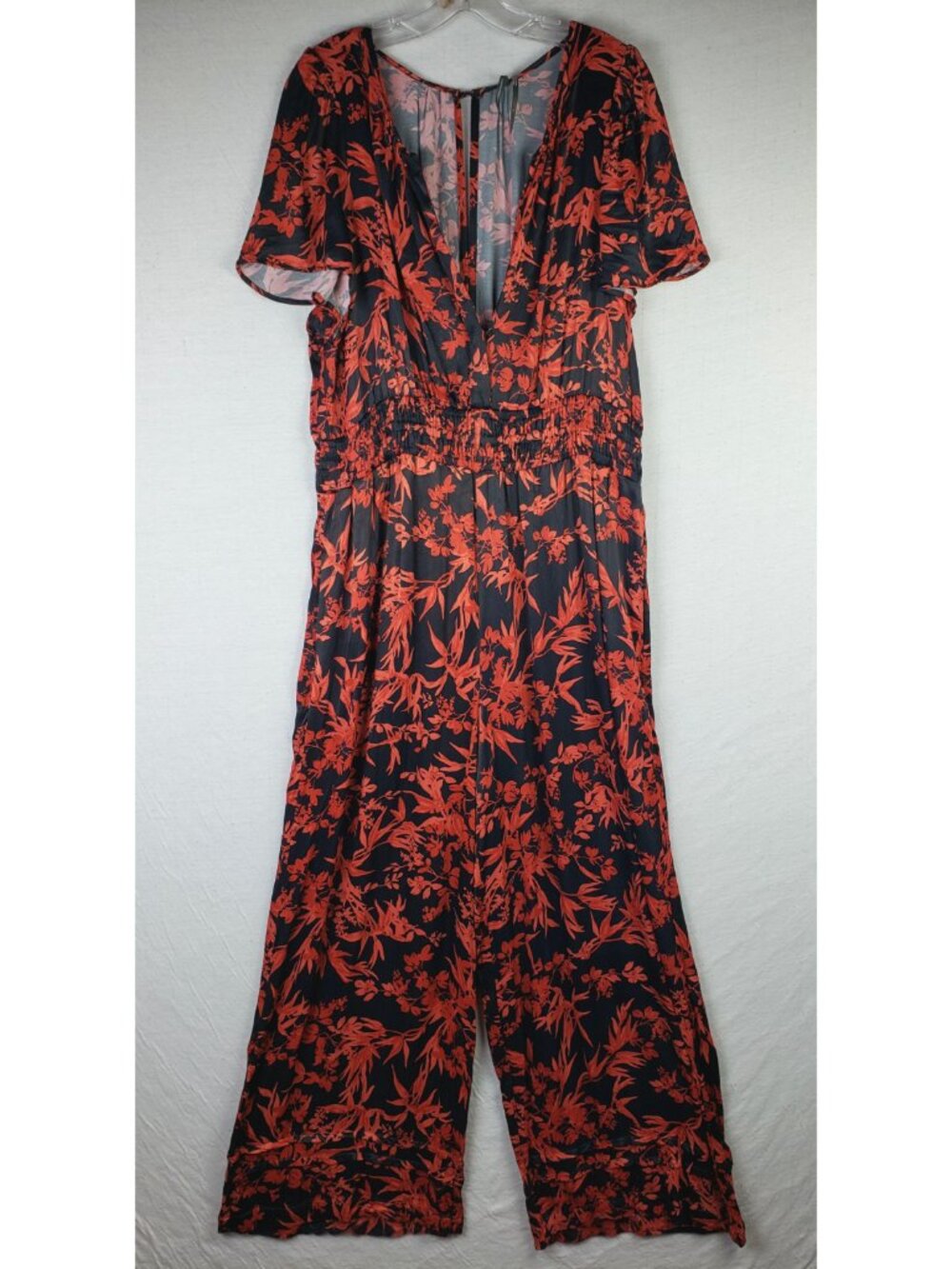 Anthropologie Somerset Jumpsuit Satin Floral Leaf Print Bohemian size XL
